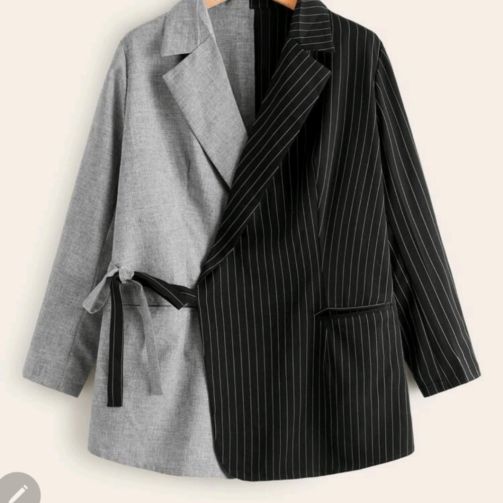 Two Tone Striped Tie Side Blazer